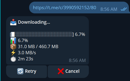 The bot downloading a file from a private Telegram channel — showing live progress, size and download speed